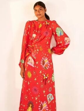 Farm Rio: Vibrant Red Printed Long-Sleeve Wrap Maxi Dress